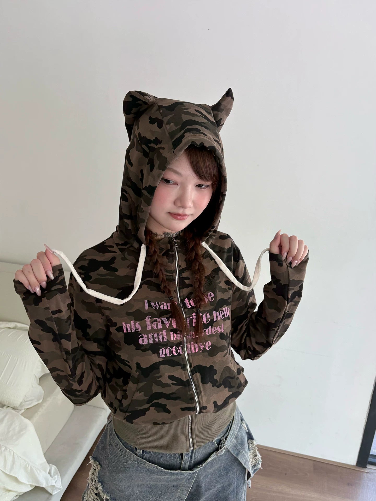 Devil Horn Hooded Print Zipper Hoodie