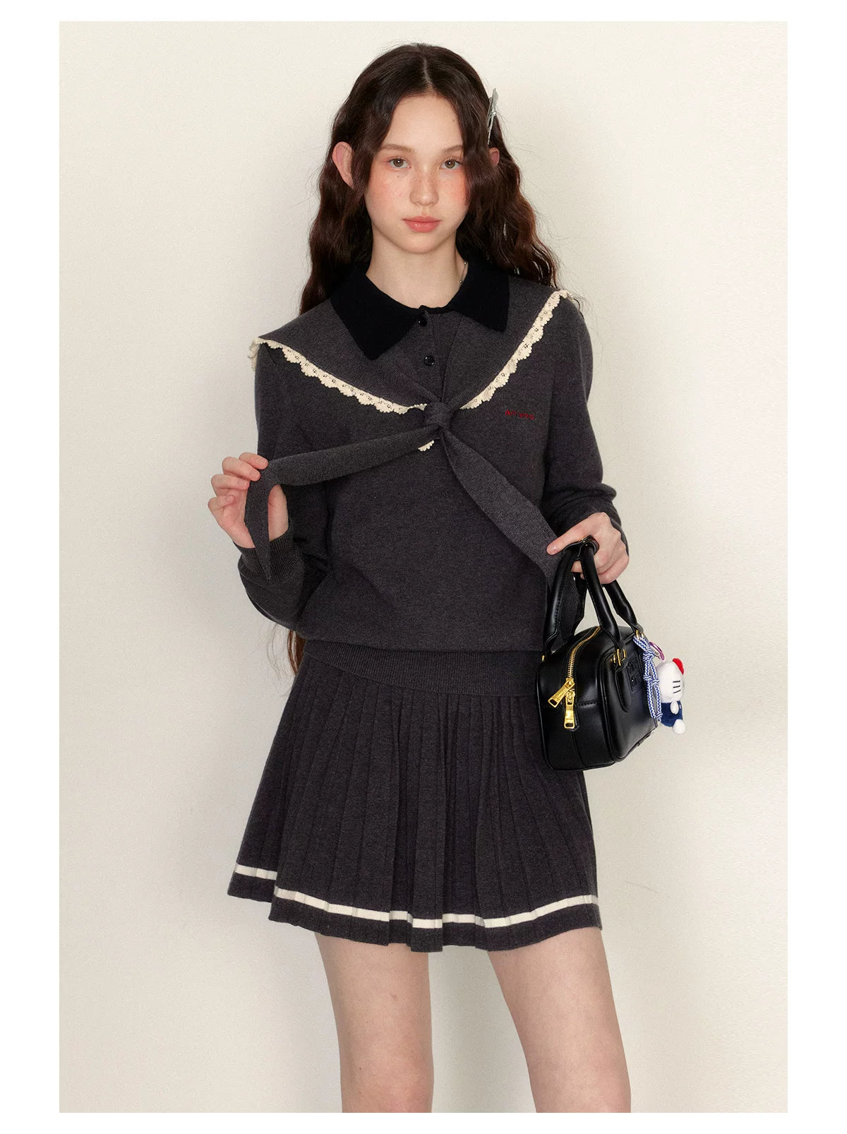 Detachable Sailor Collar Knit Sweater & Pleated Skirt Setup