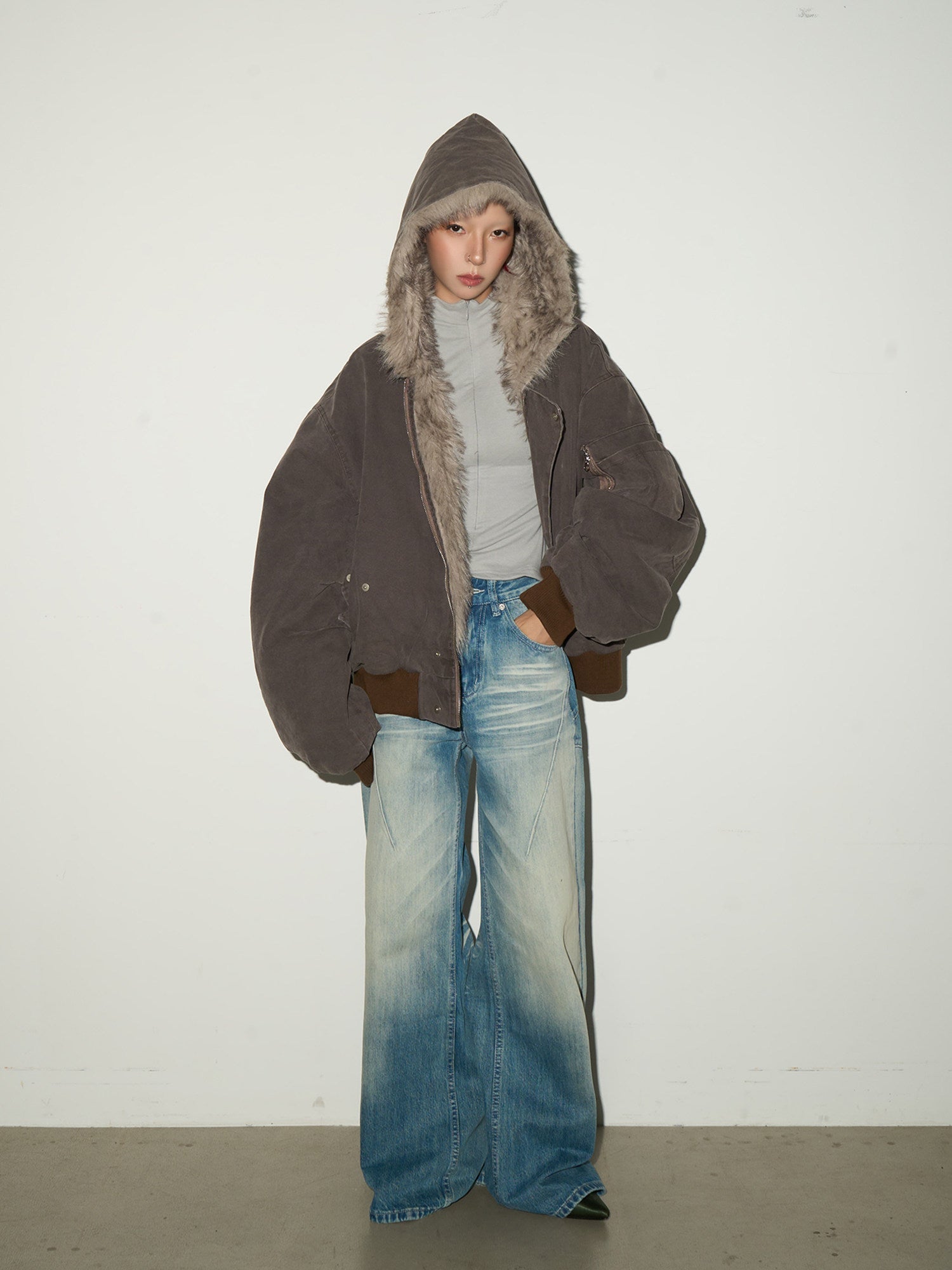 Washed Fade Seam Detail Wide Leg Denim Jeans