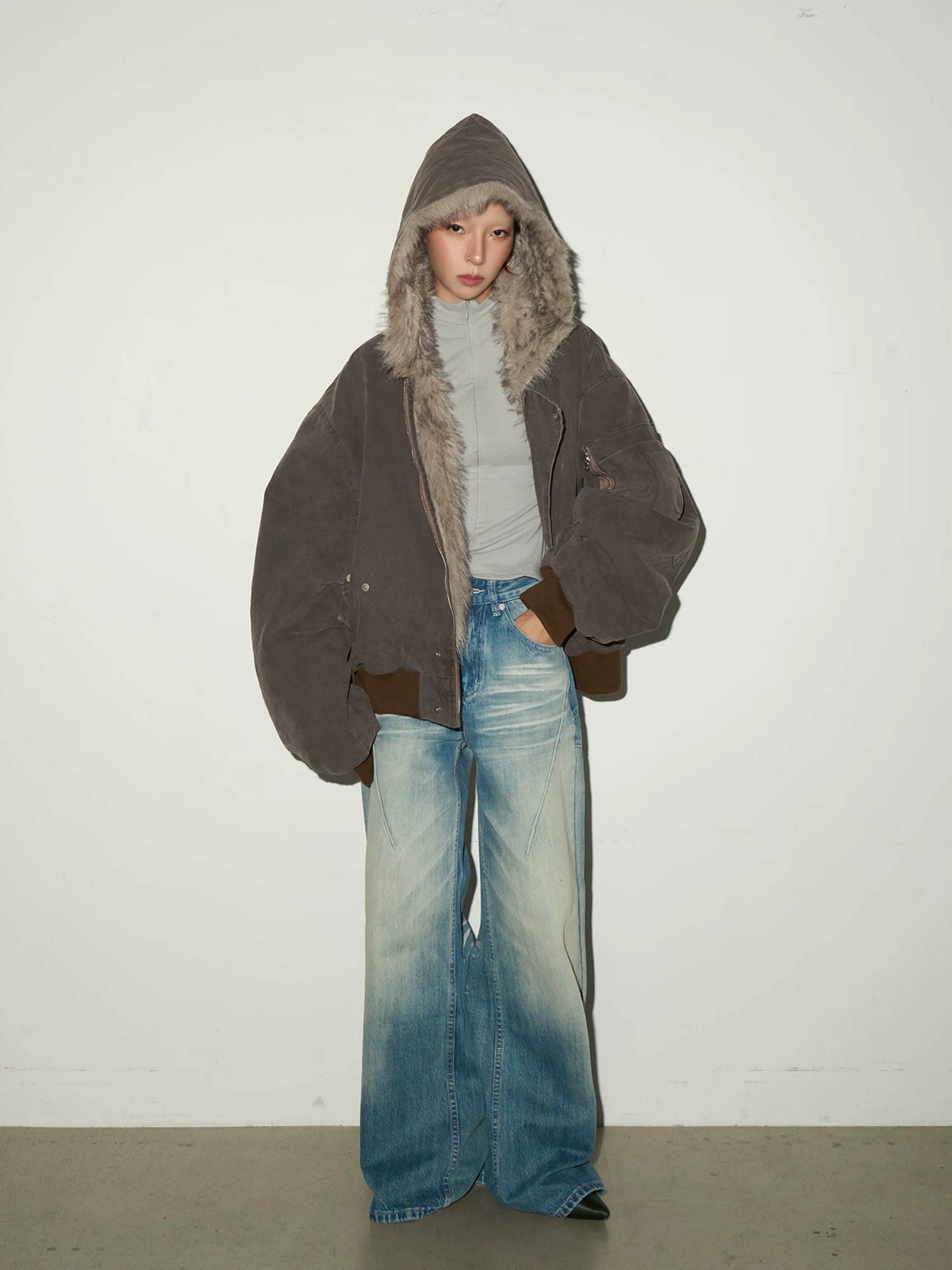 Washed Fade Seam Detail Wide Leg Denim Jeans