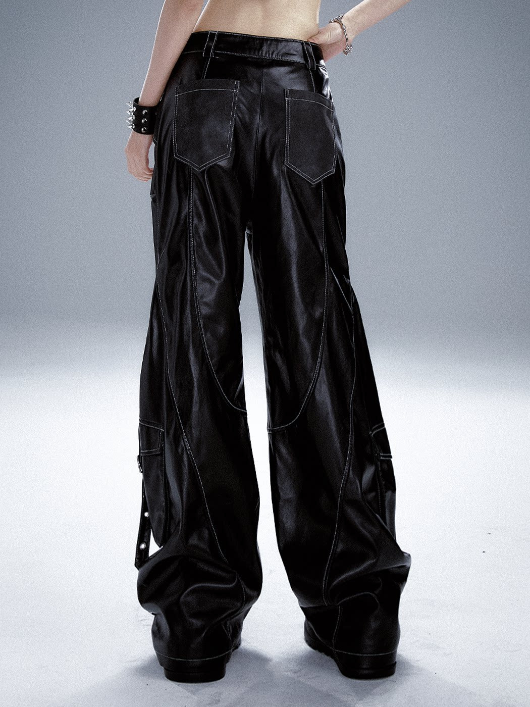 Metal-Embellished Straight-Leg PU Leather Cargo Pants