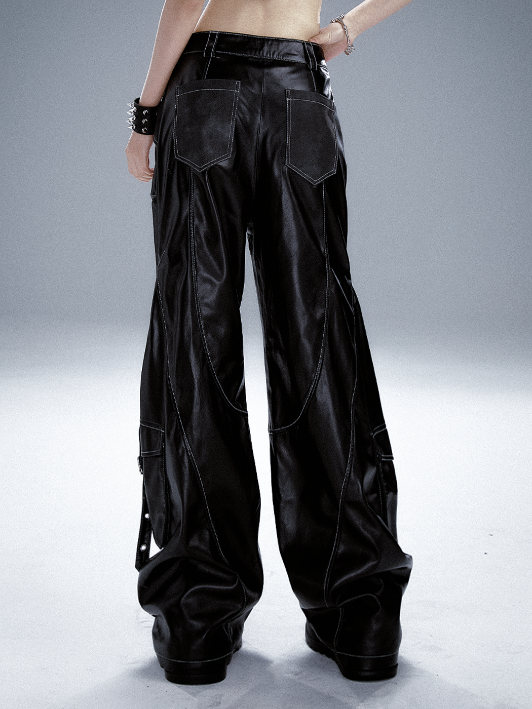 Metal-Embellished Straight-Leg PU Leather Cargo Pants