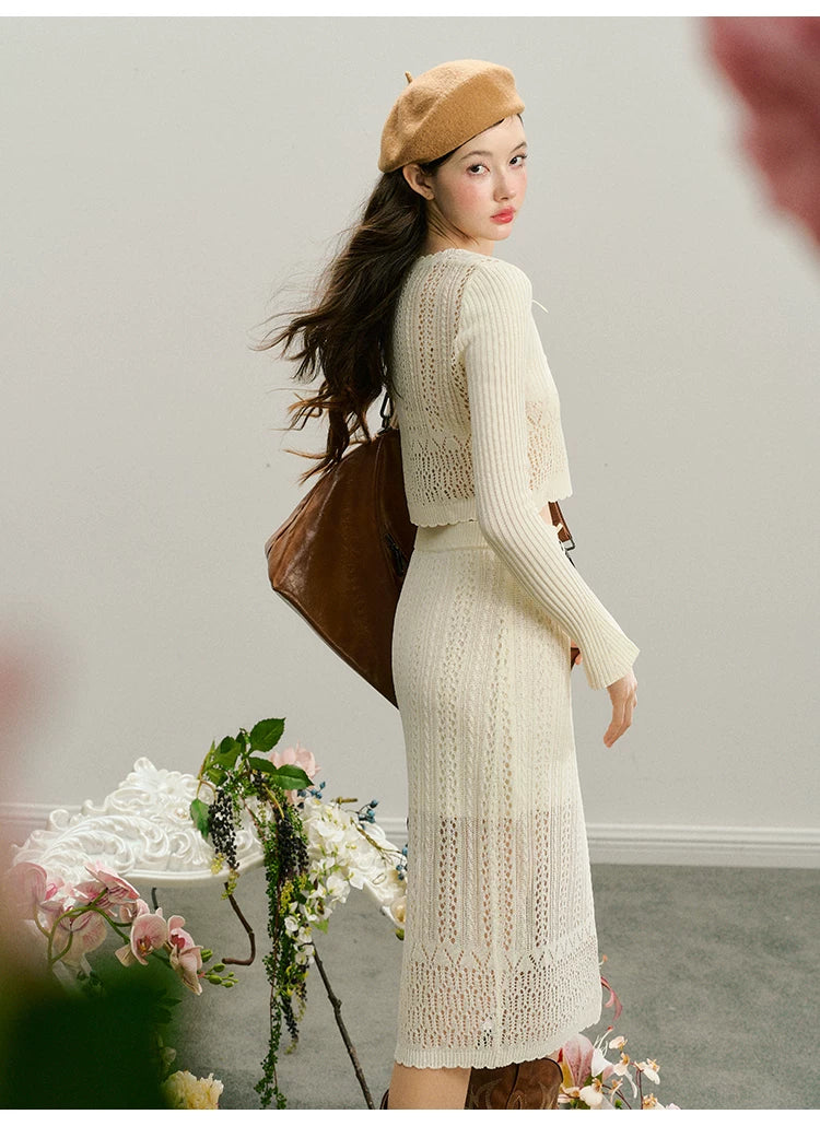 Hollow Out Button Knit Cardigan & Half Skirt Setup