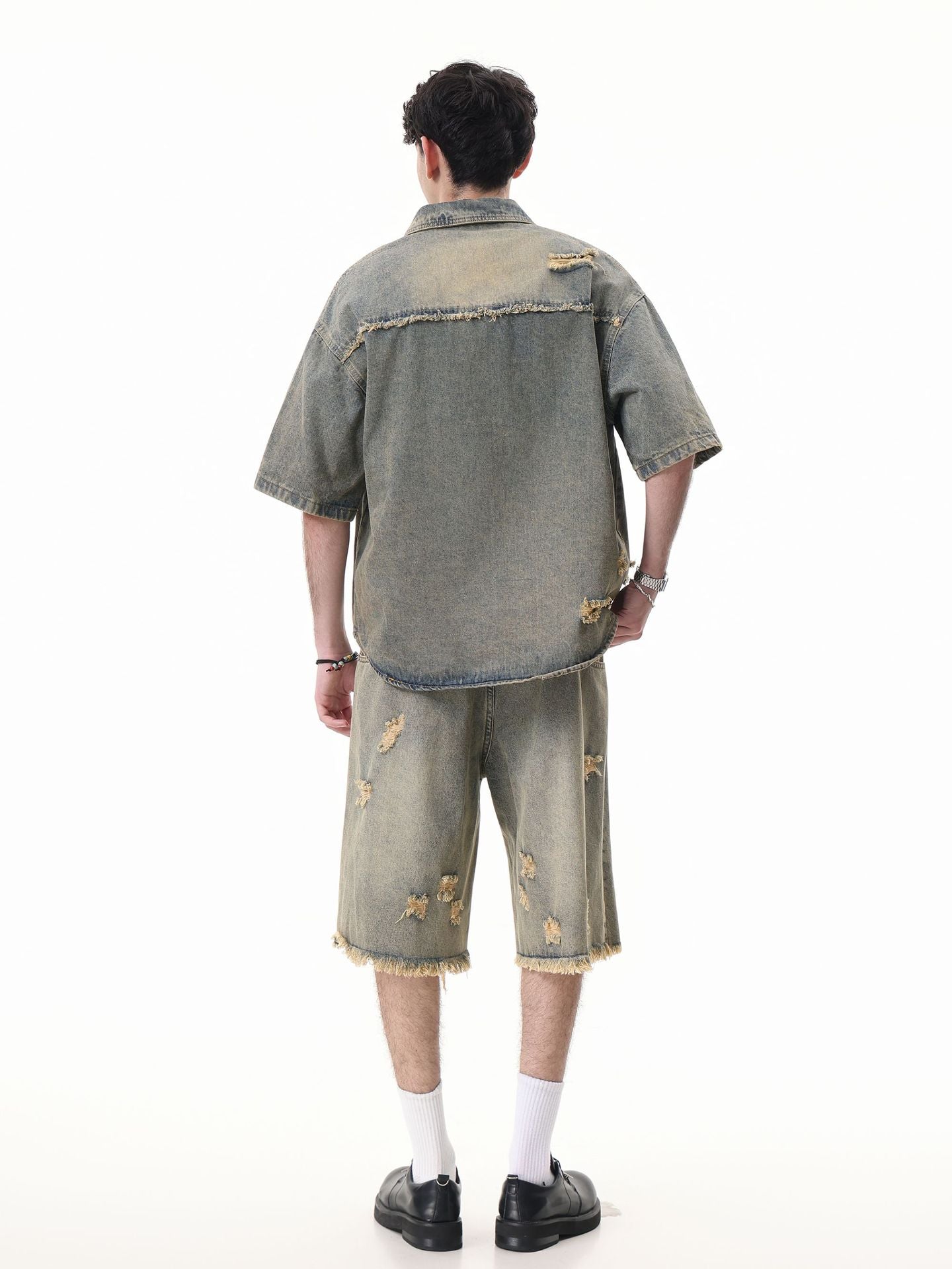 Washed Damage Wide Leg Denim Short Pants