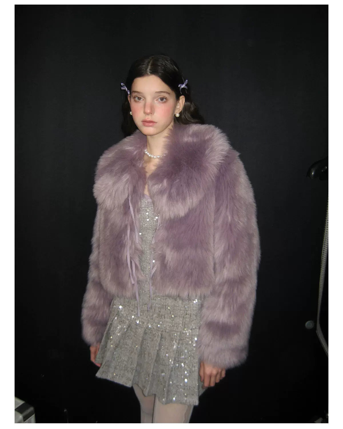 PU Leather Mix Bow Fur Jacket