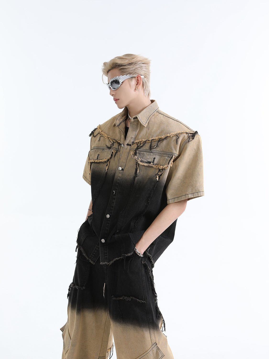 Washed Gradient Short Sleeve Denim Jacket & Wide-Leg Straight Denim Jeans Setup