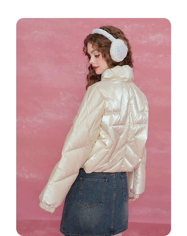 Star-Stitch Stand Neck Short White Duck Down Jacket