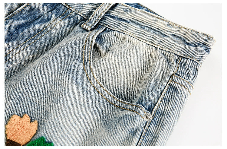 Floral Embroidered Wide-Leg Denim Jeans
