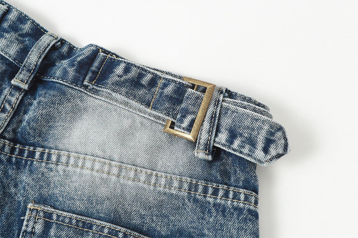 Washed Damage Splice Wide Leg Denim Jeans