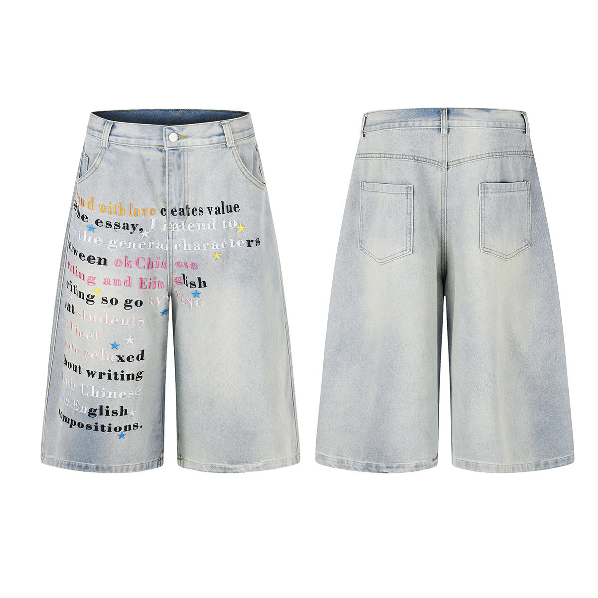 Letter Star Print Denim Jort