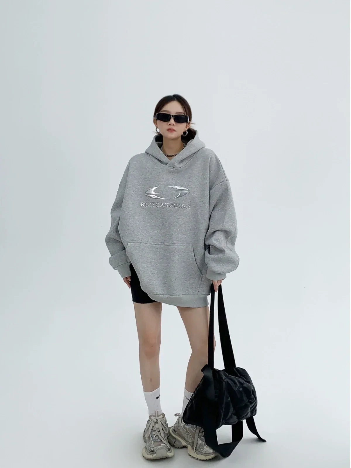 Silver Logo Print Oversized Hoodie