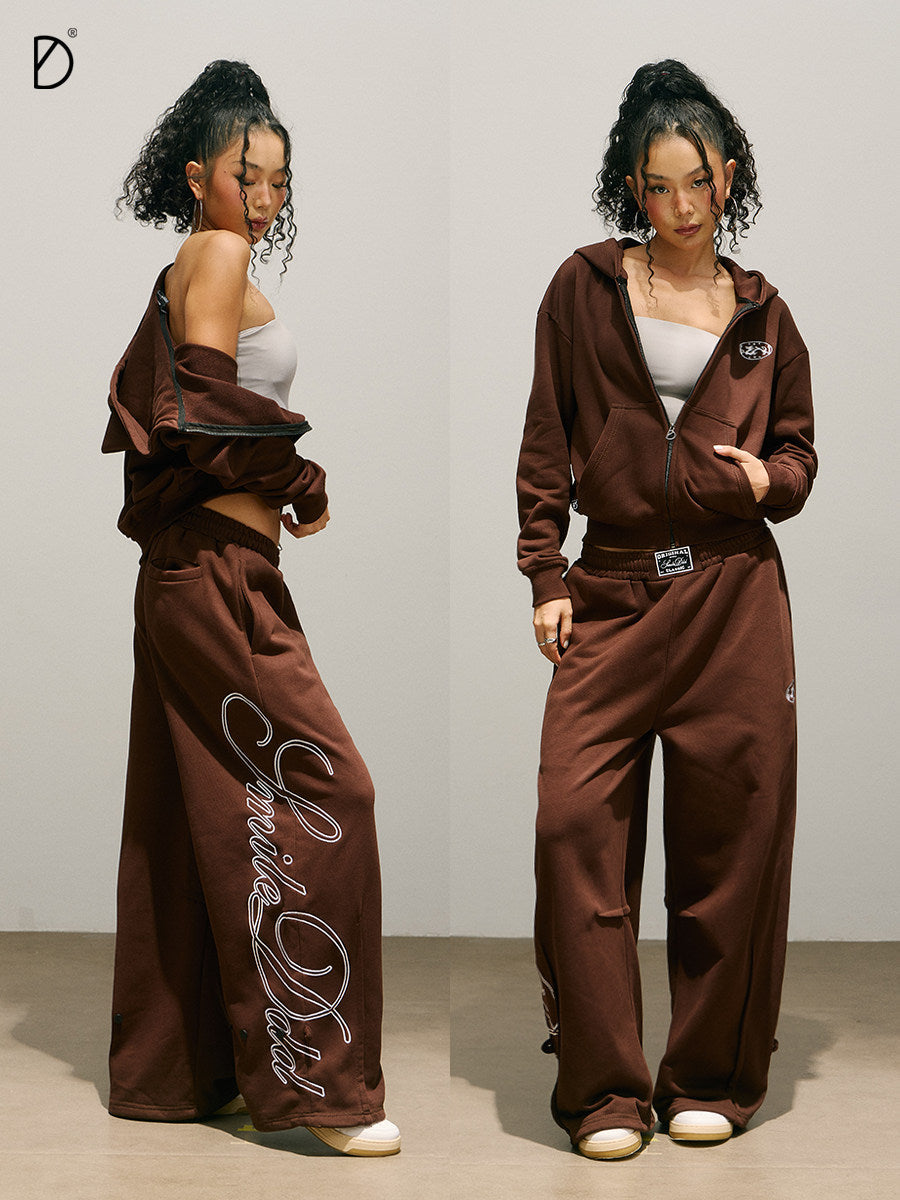 Logo Print Zip Hoodie & Logo Print Wide Leg Sweatpants Setup