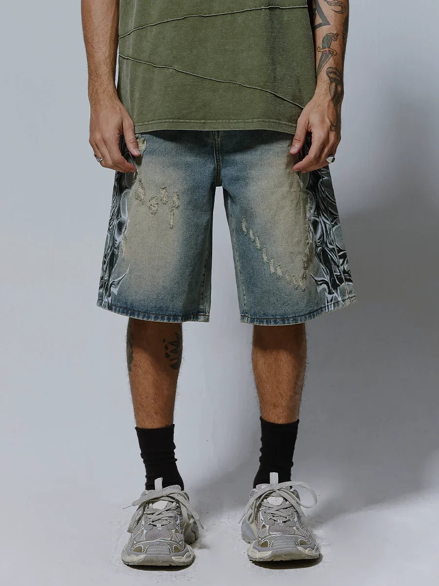 Spray Print Washed Wide Leg Denim Short Pants
