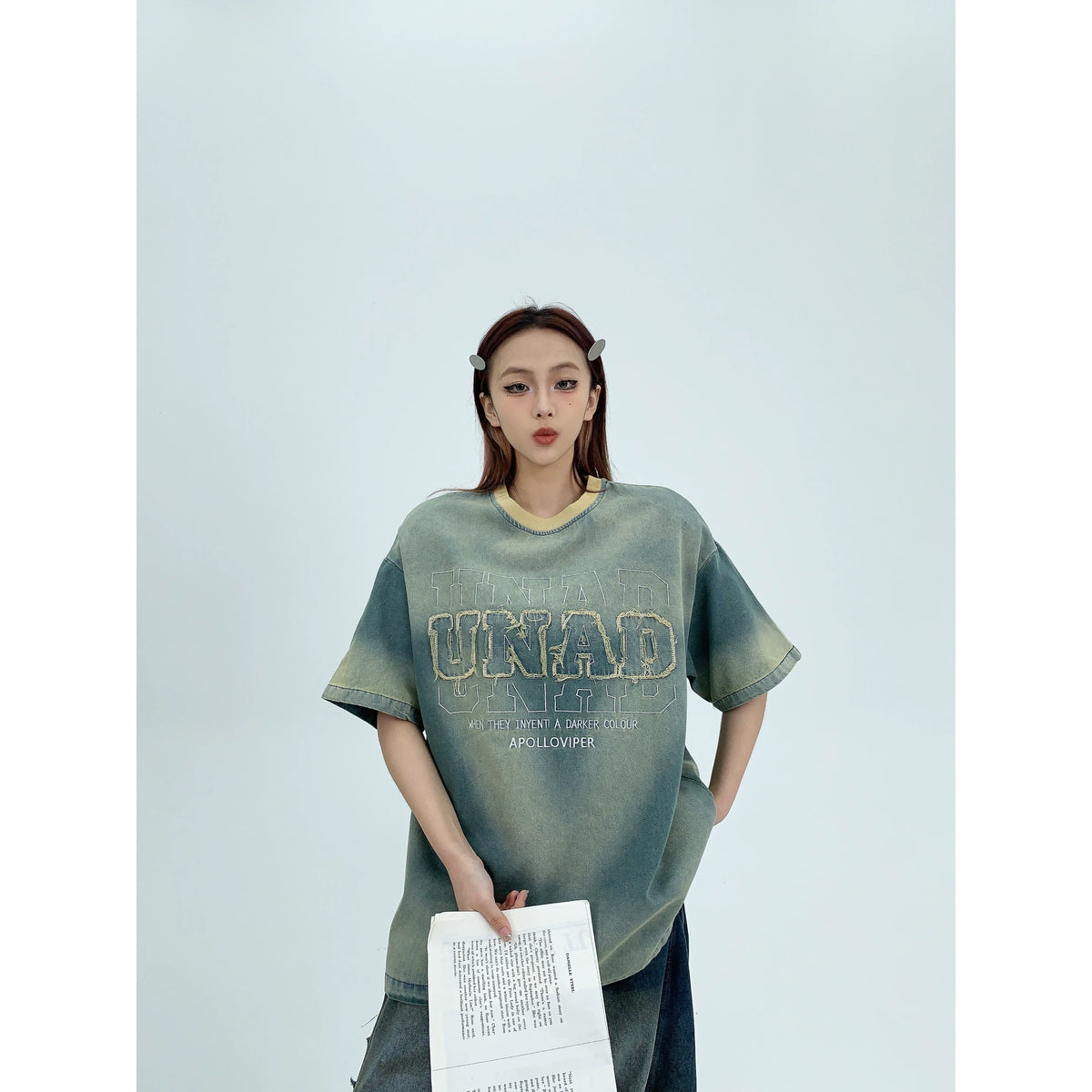 Patch Embroidery Oversized Denim Short Sleeve T-Shirt