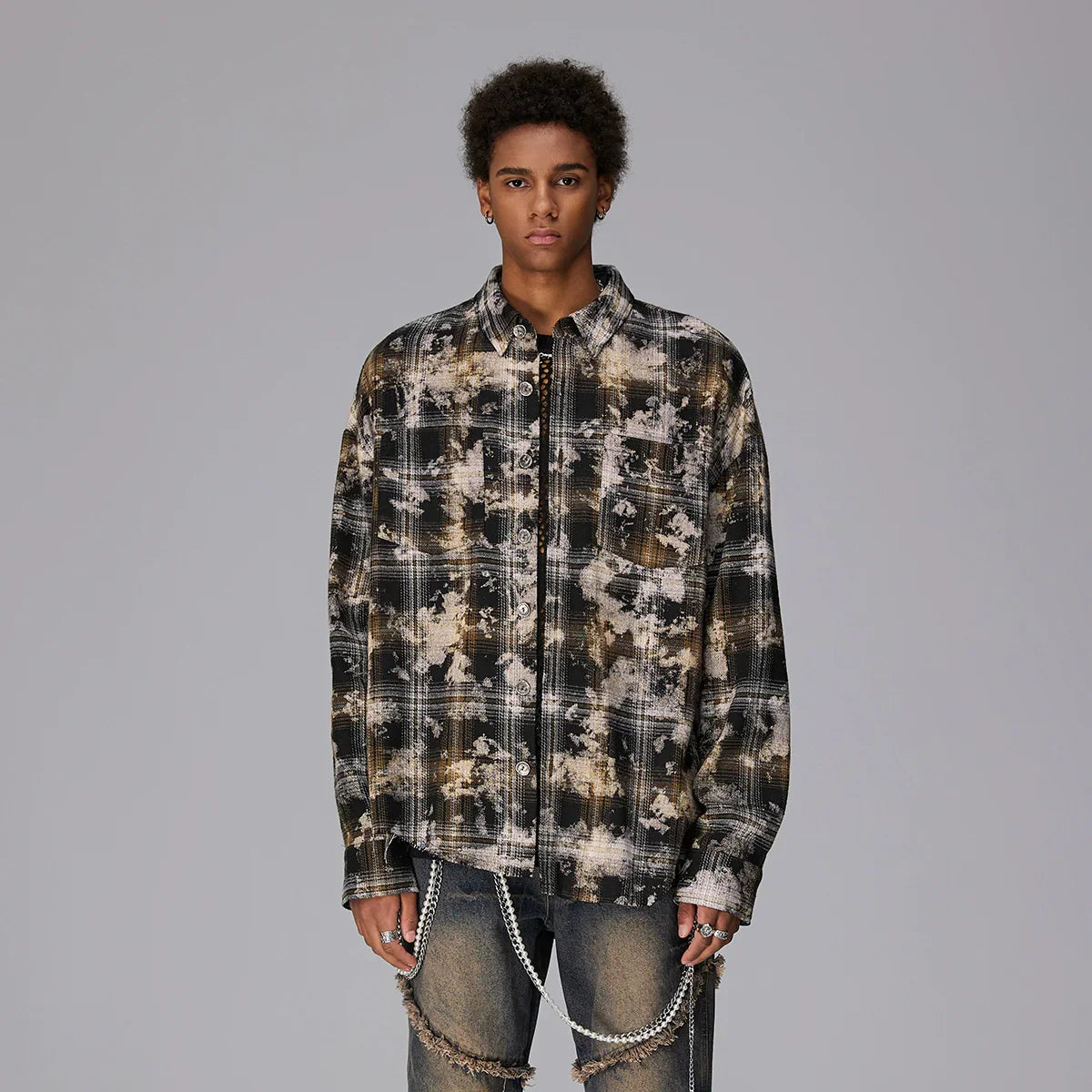 Graphic Embroidery Plaid Design Oversize Long Sleeve Shirt