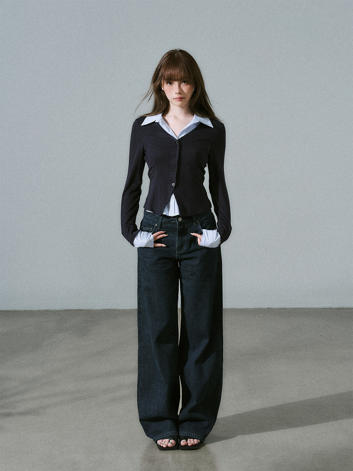 Layered Lyocell Wool Stripe Office Commuter Kinit Cardigan