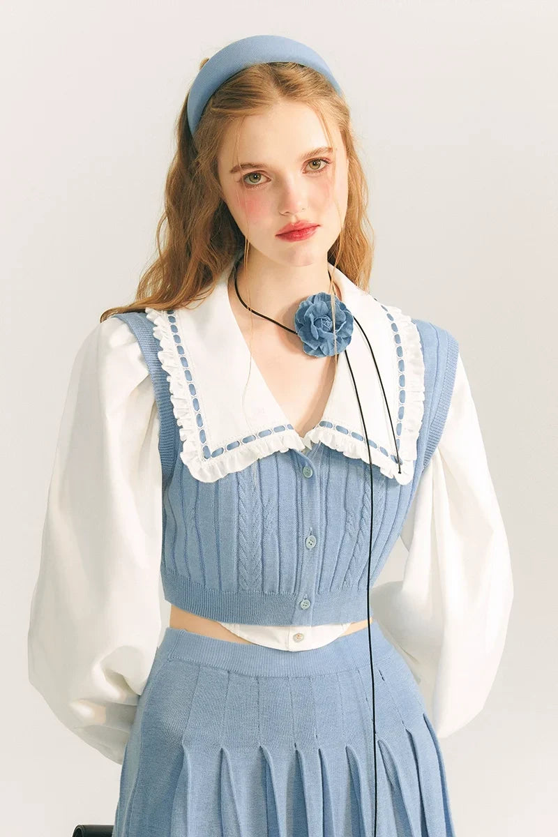 Button Knit Vest & Knit Pleated Skirt Setup