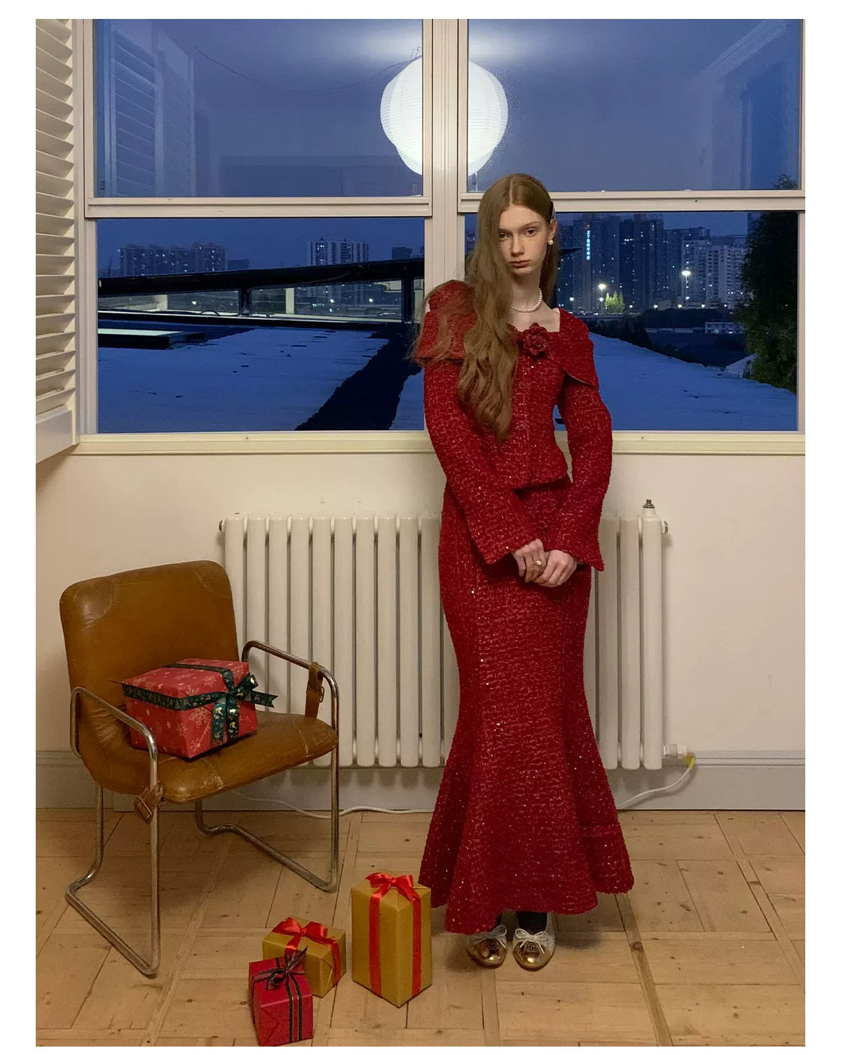 Short Tweed Jacket & Tweed Short Skirt & Tweed Fishtail Long Skirt & Fur Scarf Setup