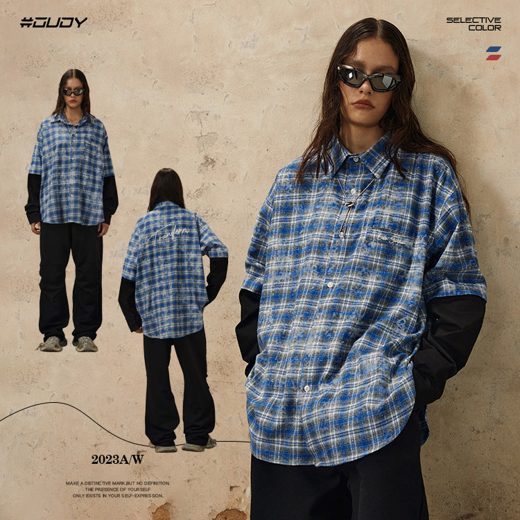 Plaid Fake Layered Letter Embroidery Dyeing Long Sleeve Shirt