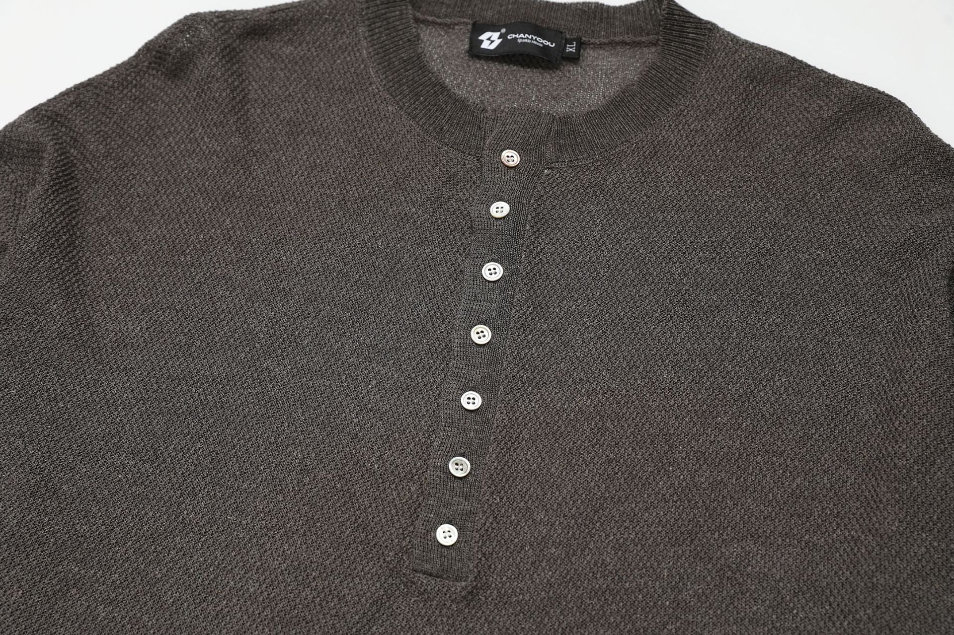 Openwork Linen Henley Neck Knit Sweater