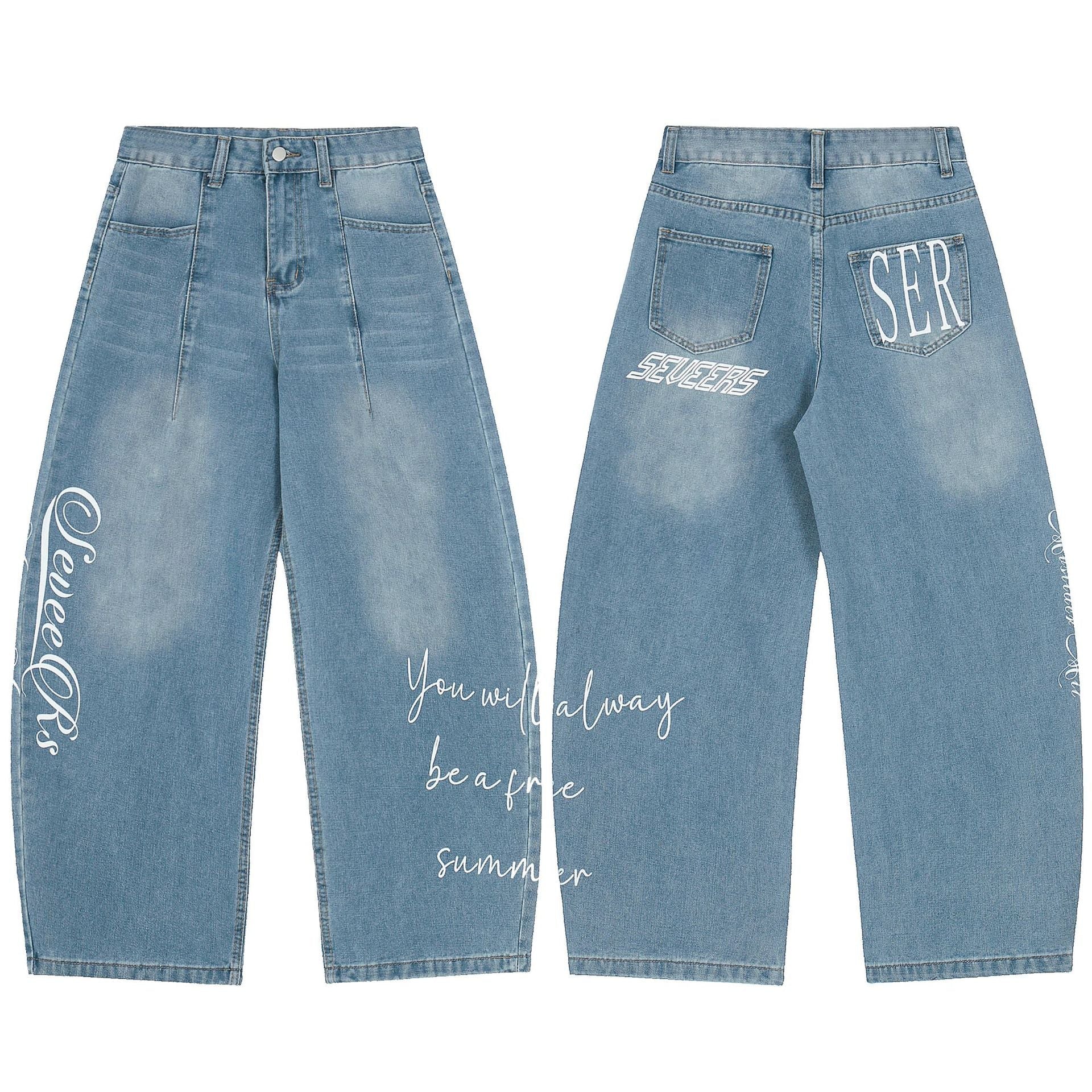 Washed Letter Print Wide Leg Denim Jeans