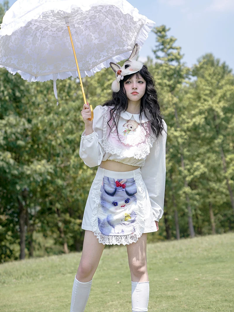 Graphic Print Lace Ruffle Skirt