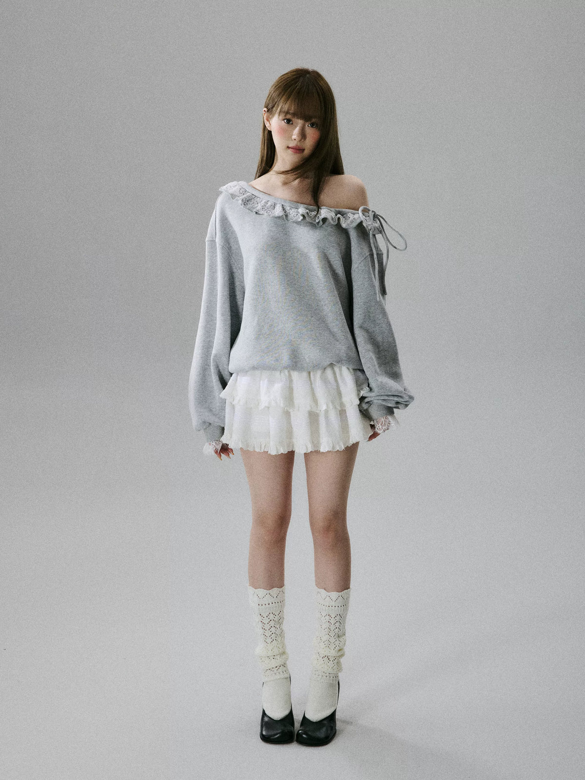Off-Shoulder Lace Trim Sweatshirt