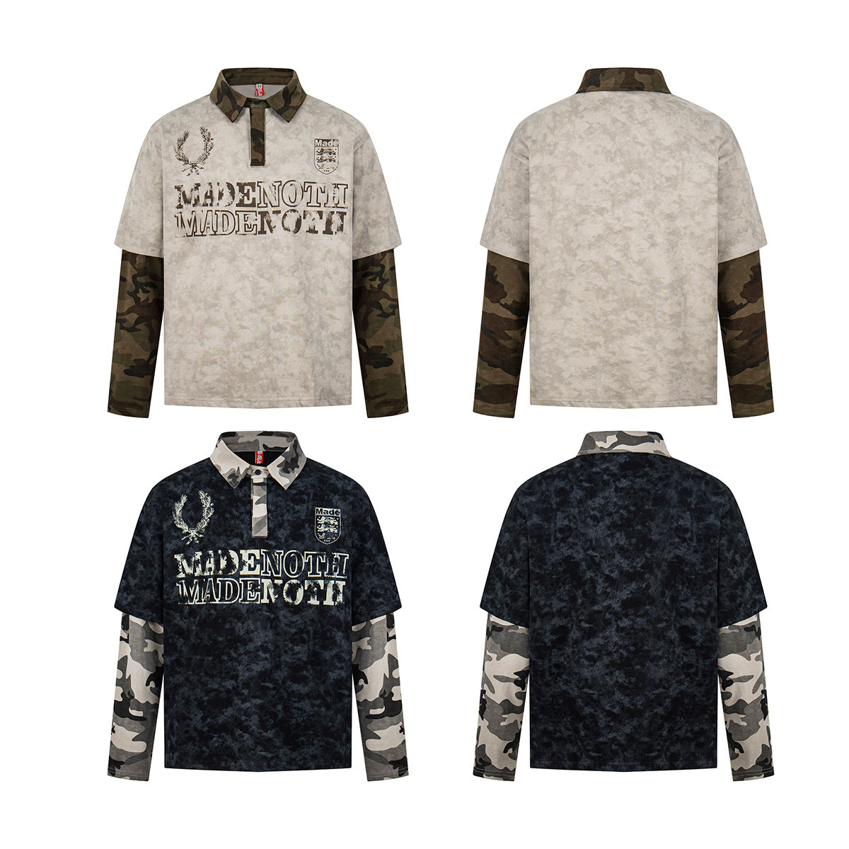 Polo Collar Fake Layered Tie-Dye Print Long Sleeve T-Shirt