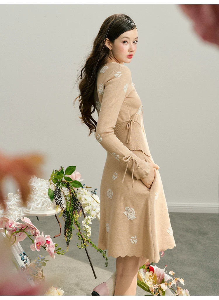 Rose Design Knit Cardigan & Knit Short Skirt Setup
