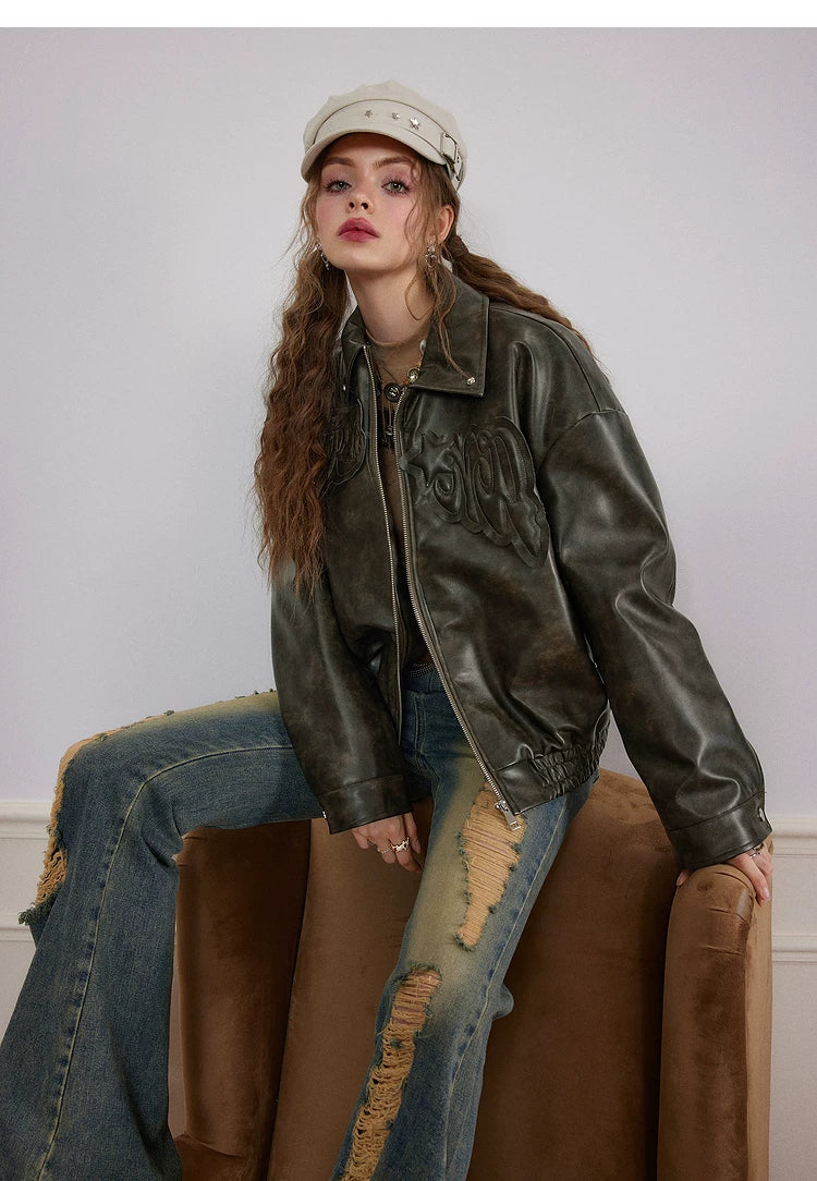 Patch Embroidery Quilted PU Leather Jacket