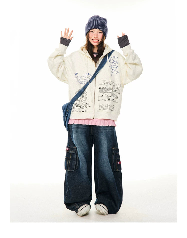 Graphic Print Oversize Zipper Hoodie