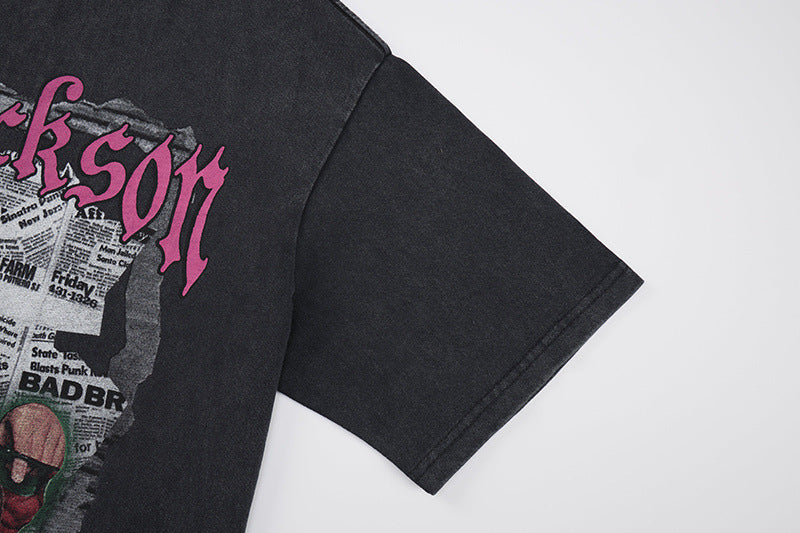 Washed Portrait Letter Print Short Sleeve T-Shirt