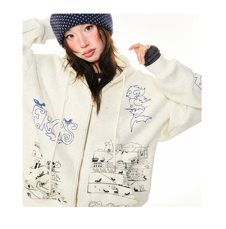 Graphic Print Oversize Zipper Hoodie