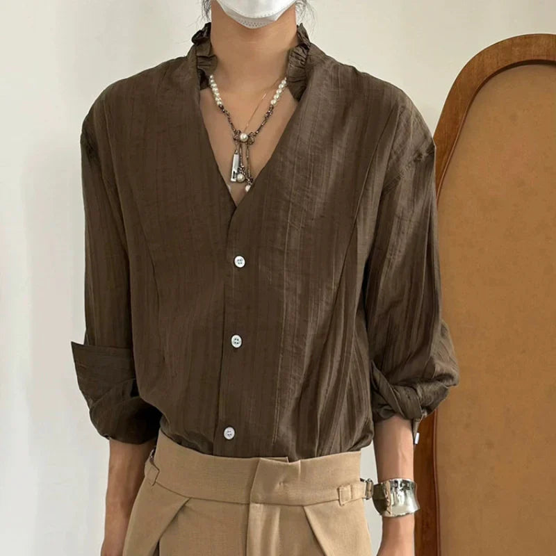 Pleats Lace V-Neck Elegant Long Sleeve Shirt