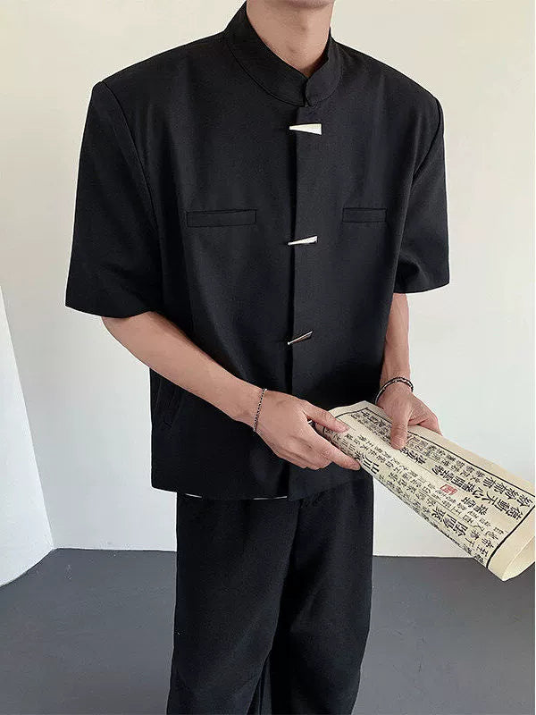 Mandarin Collar Design Short Sleeve Shirt