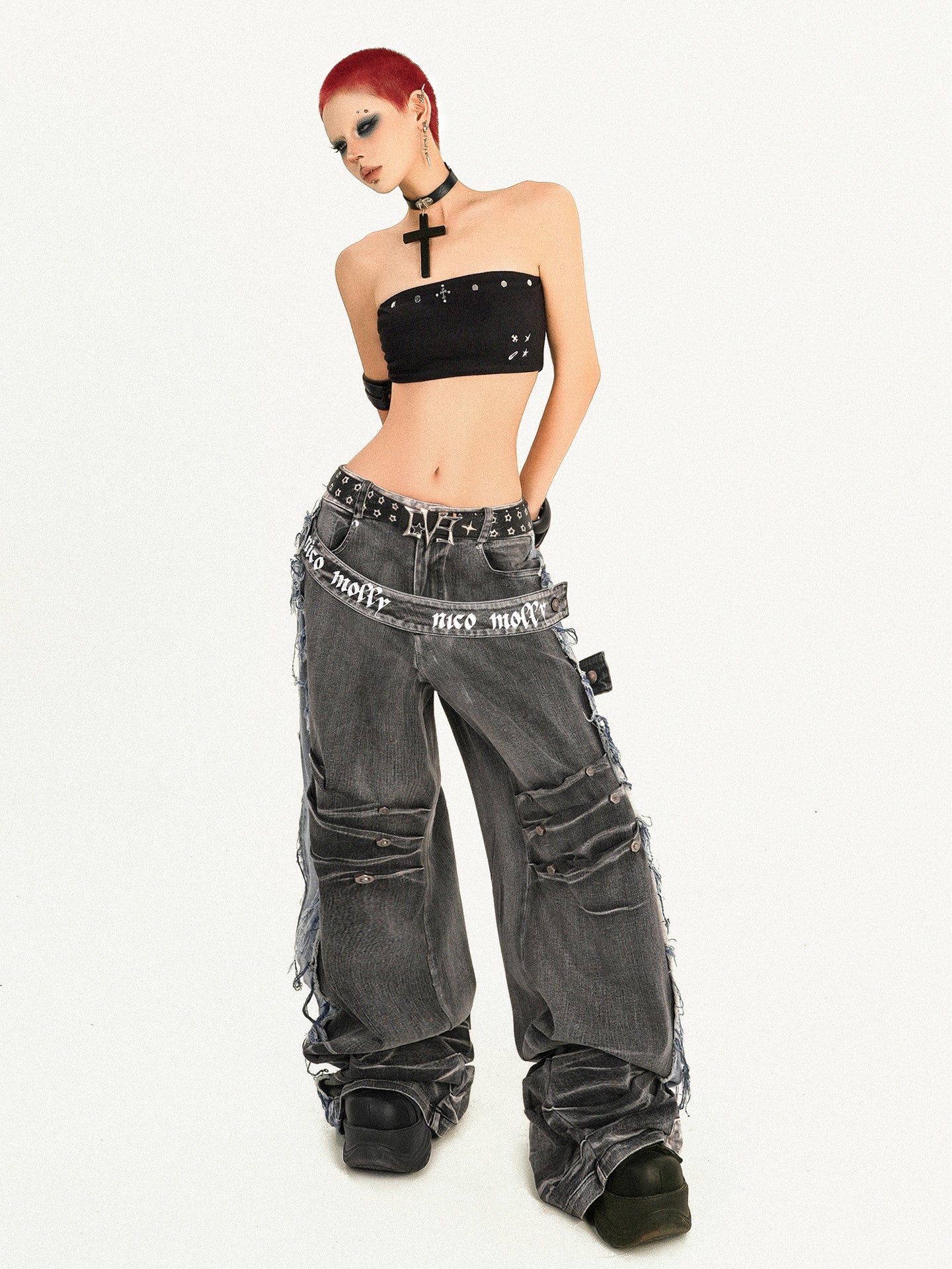 Damage Wash Raw Hem Wide Leg Denim Jeans