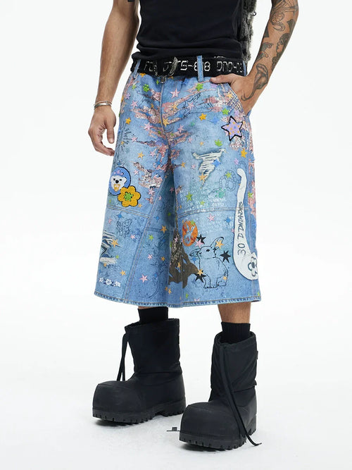 Digital Cartoon Print Denim Half Jeans - Blue / XS