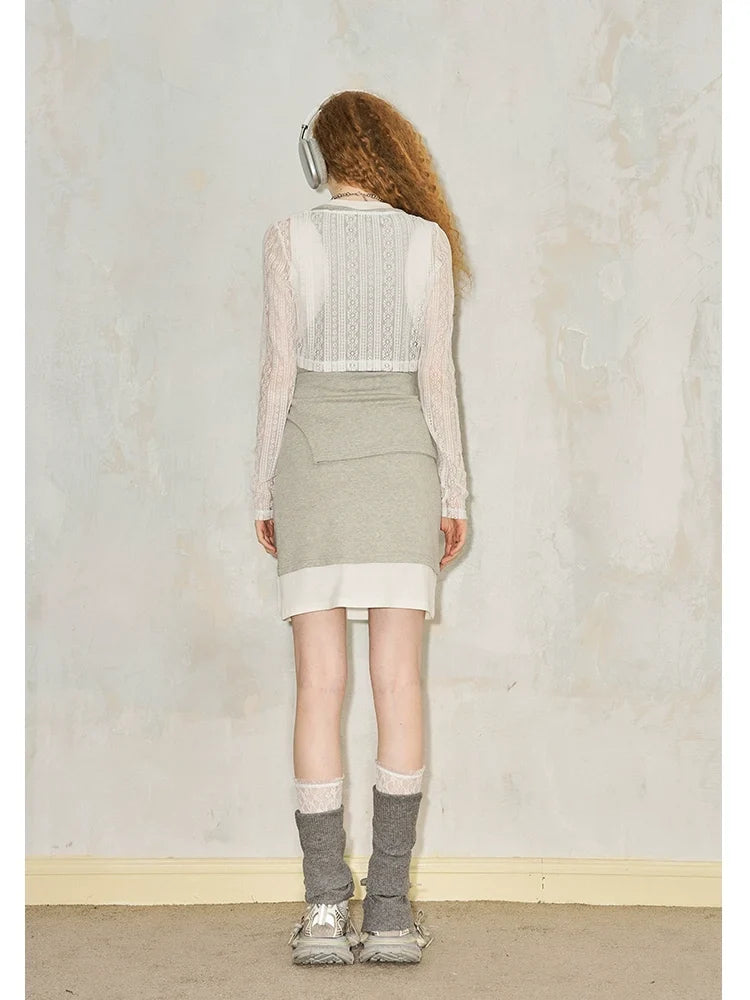 Splicing Fake Layered Round Neck Waist Cinching Dress