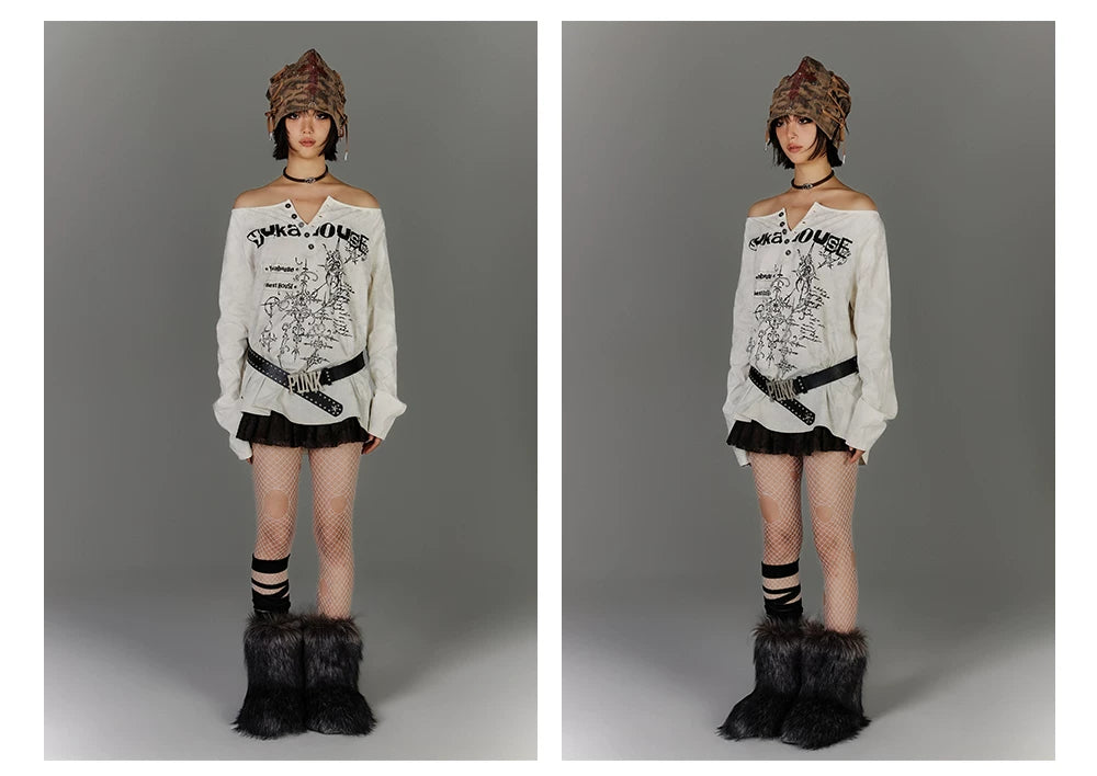 Off-Shoulder Graphic Print Button Long Sleeve T-Shirt