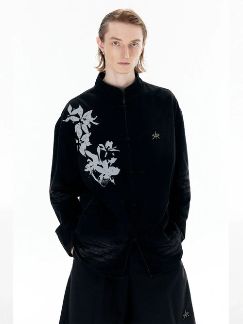 Gewaschenes Oversize-Jeanshemd im chinesischen Stil - schwarz / L