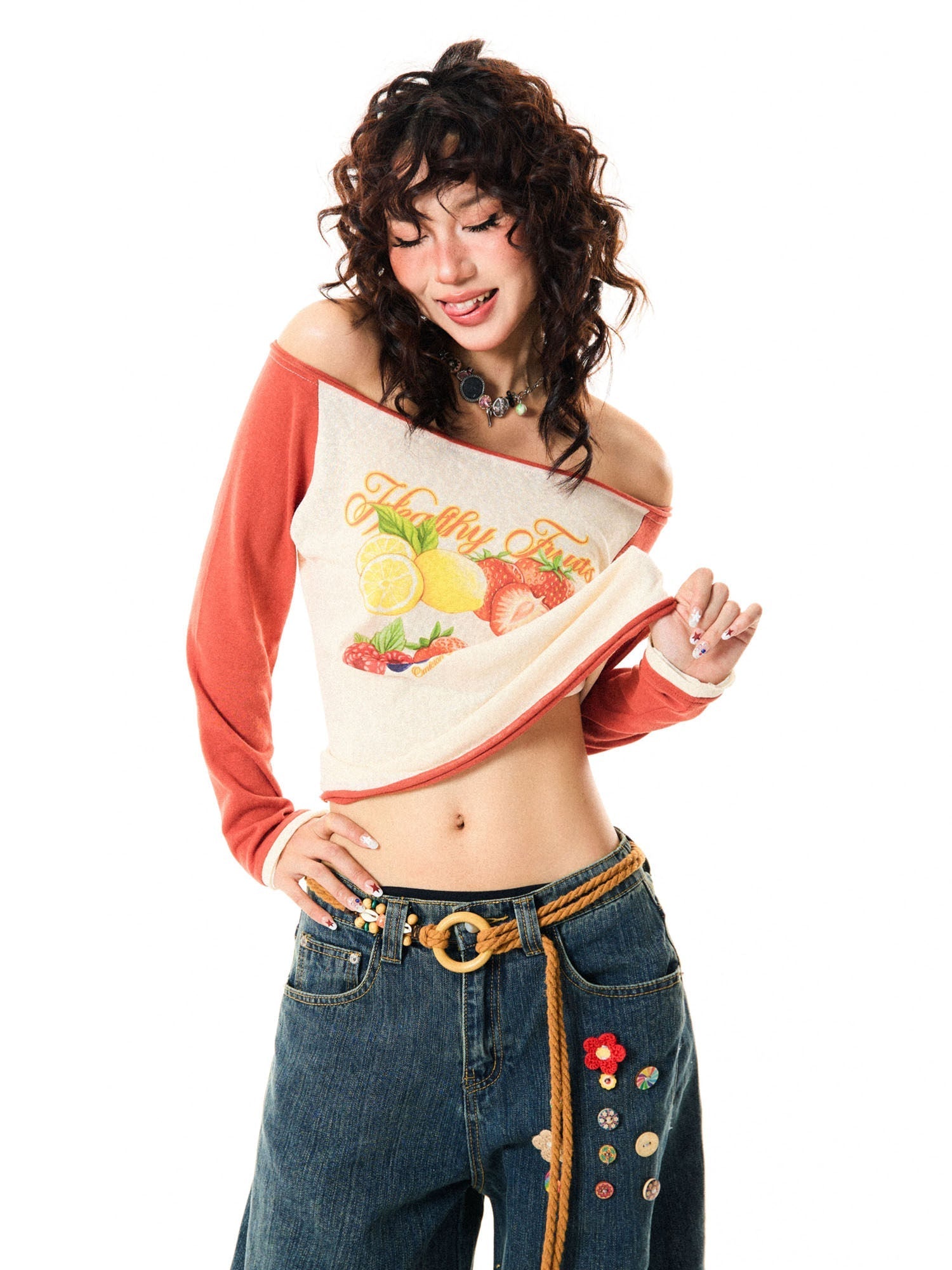 Fruit Graphic Print Off-Shoulder Fitted Long Sleeve T-Shirt