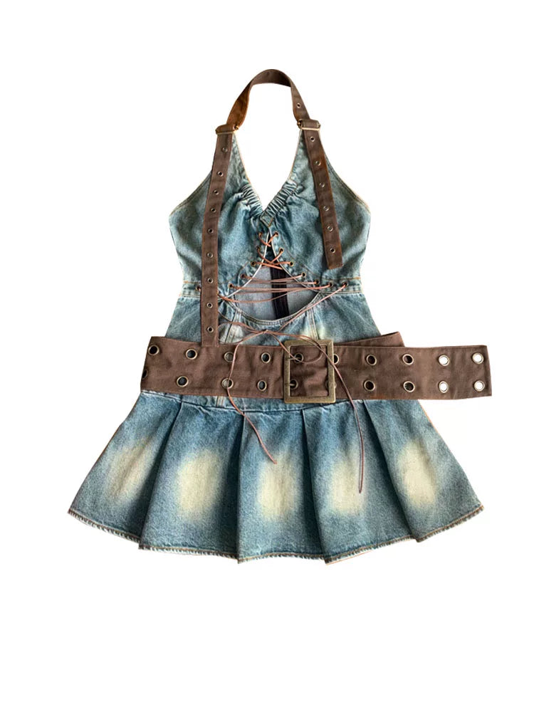 Denim Hollow-Out Tie-Strap Short Pleats Dress