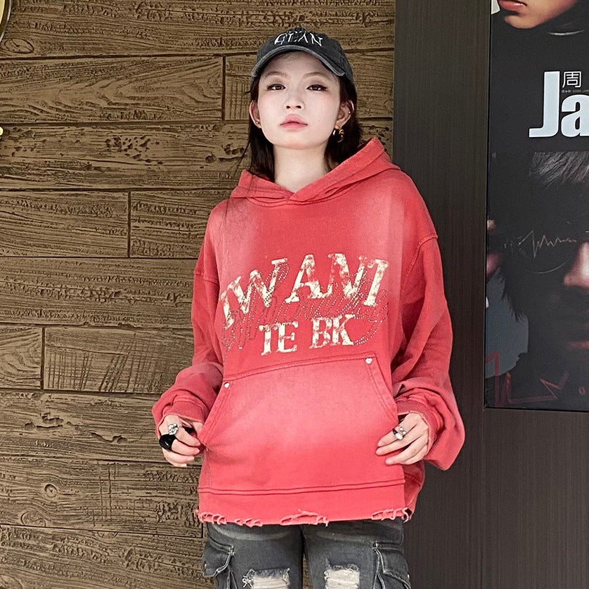 Washed Letter Rhinestone Design Damage Hoodie