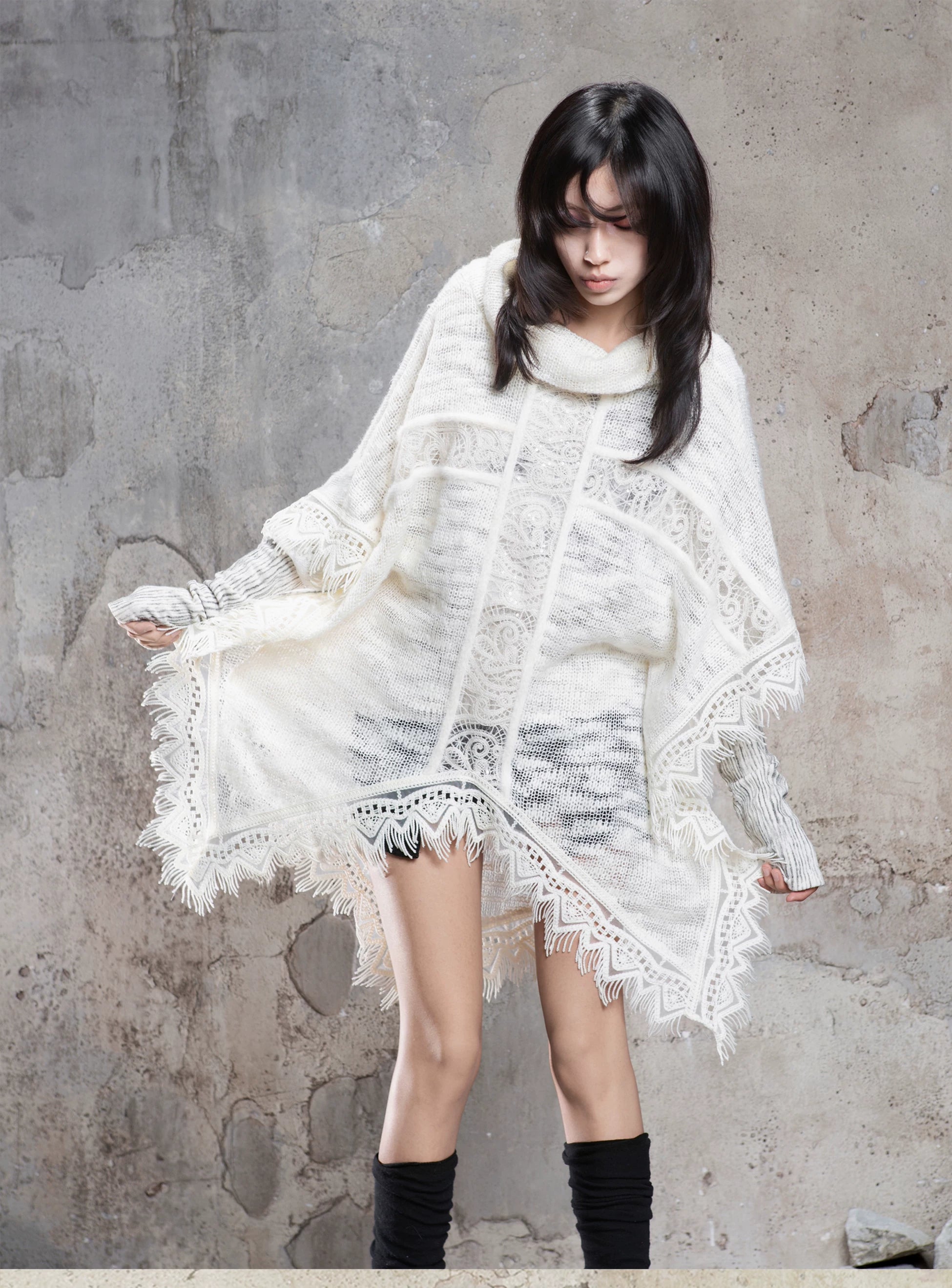 Punk Cross Cape Asymmetric Fringe Knit Sweater