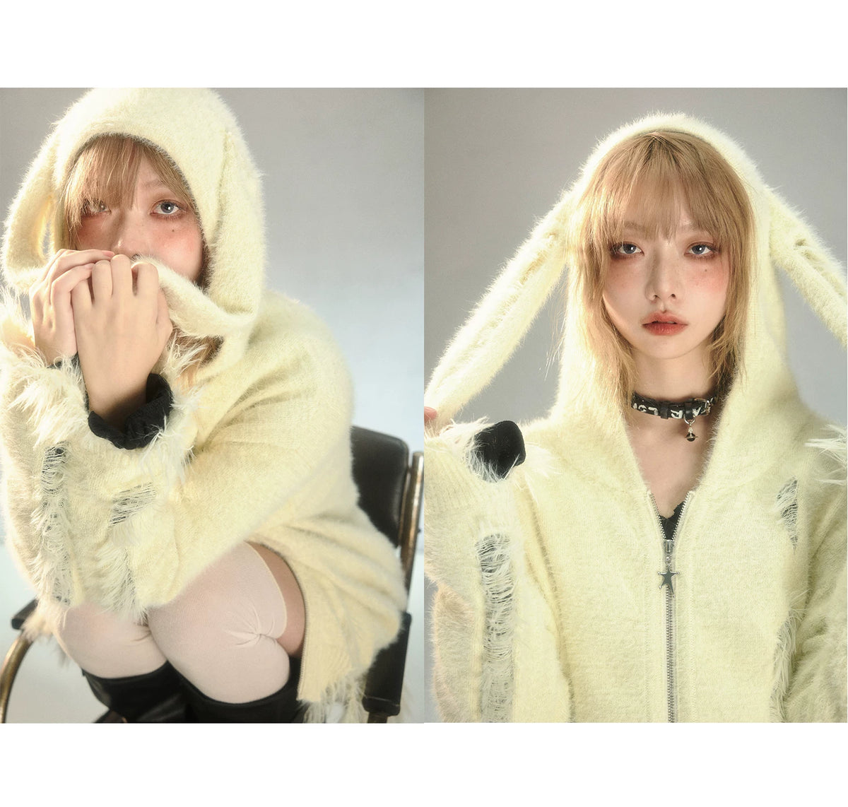 Rabbit Ear Zipper Knit Hoodie