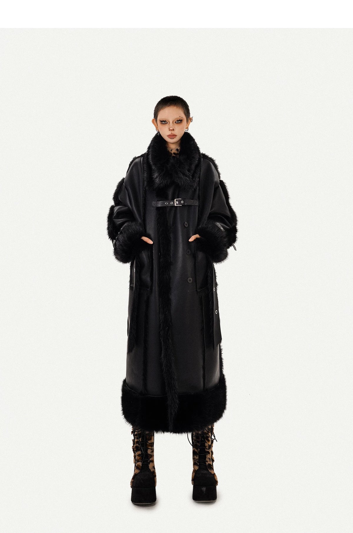 PU Leather Fake Fur Stand Neck Coat