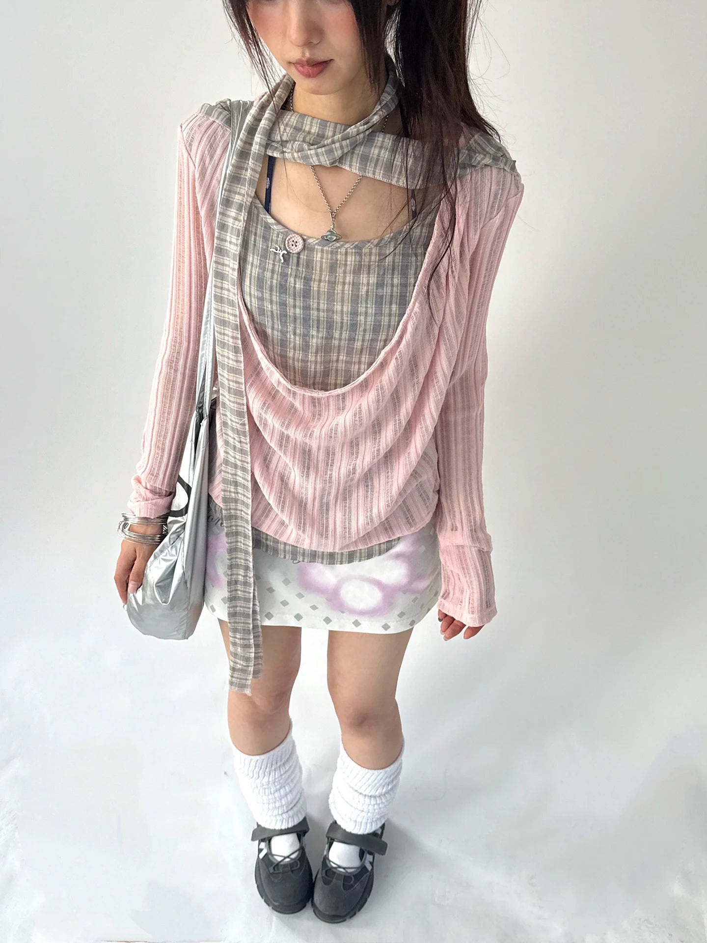 Plaid Ripped Fake Layered Long Sleeve T-Shirt