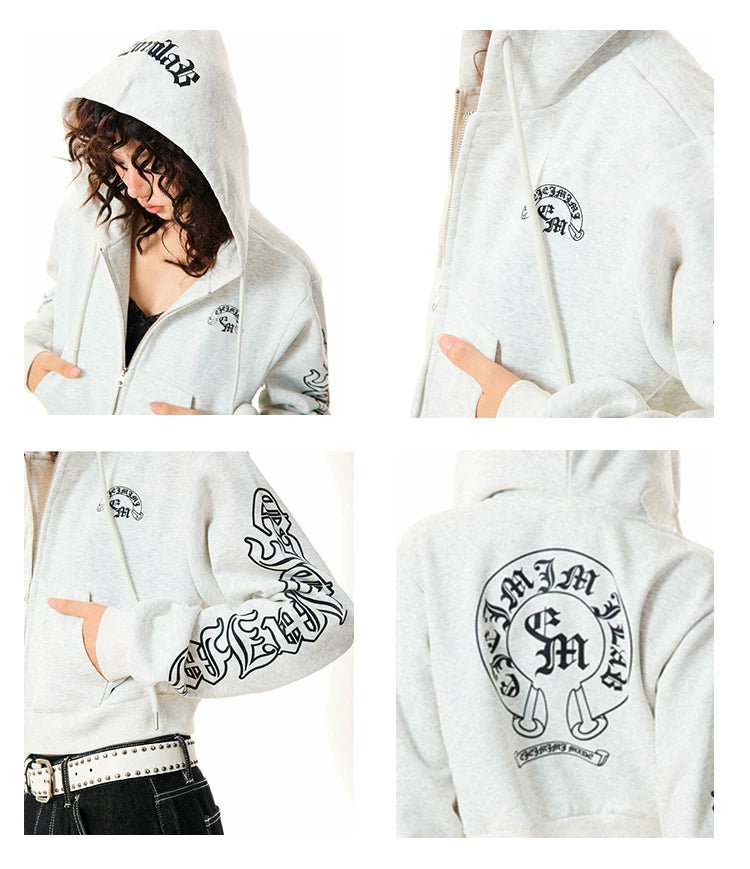 Gothic Logo Print Cropped Zipper Hoodie