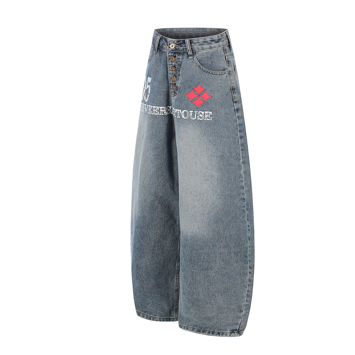 Button Fly Curved Wide Leg Denim Jeans