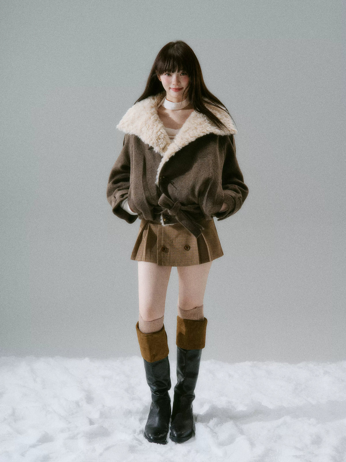 Fake Fur Collar Belted Jacket